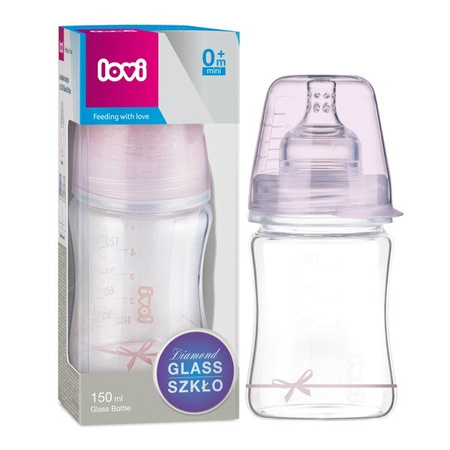 Lovi Butelka szklana DIAMOND GLASS 150 ml Baby Shower różowy smoczek mini 0m+